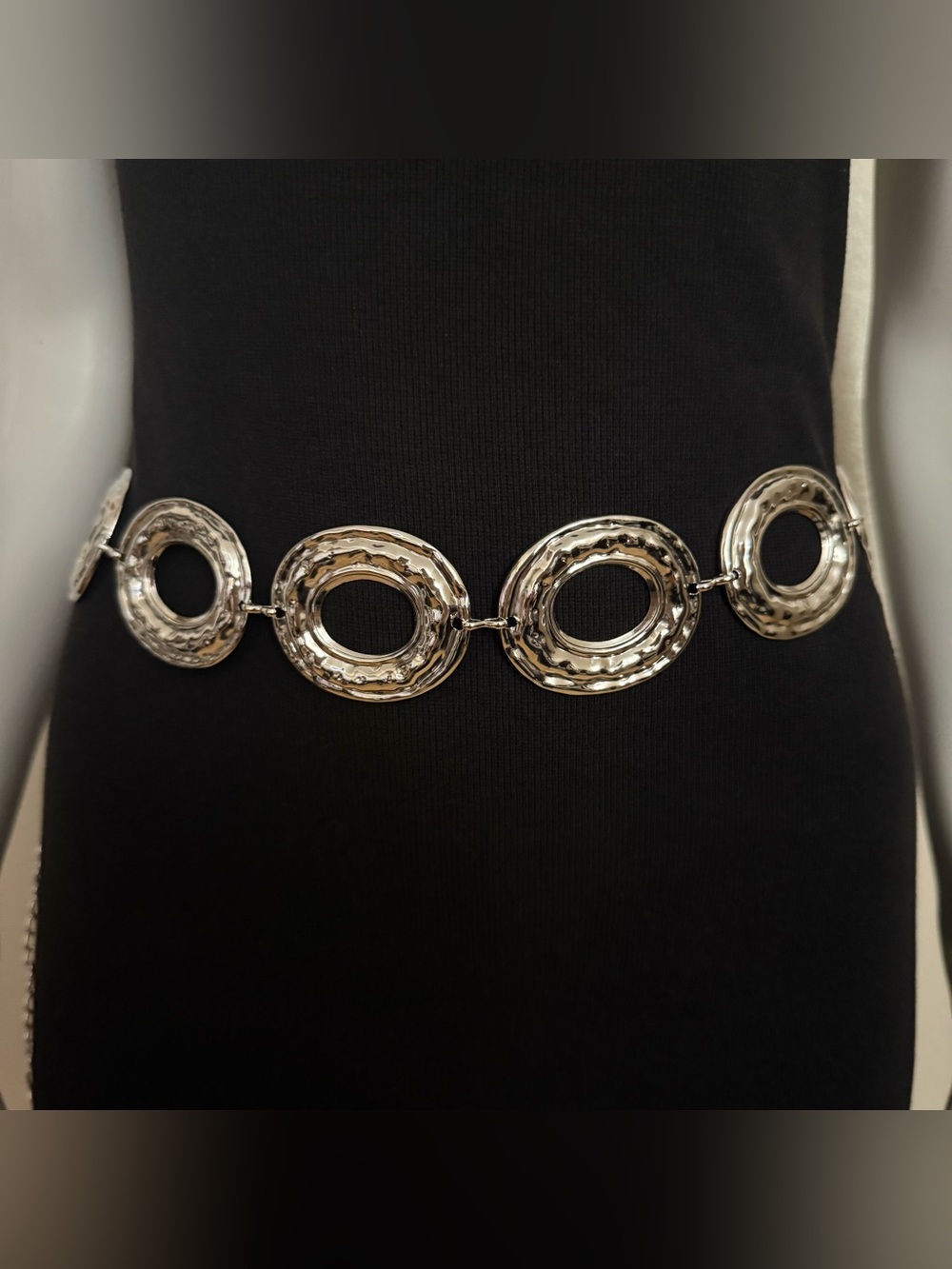 Silver tone metallic disc chain belt